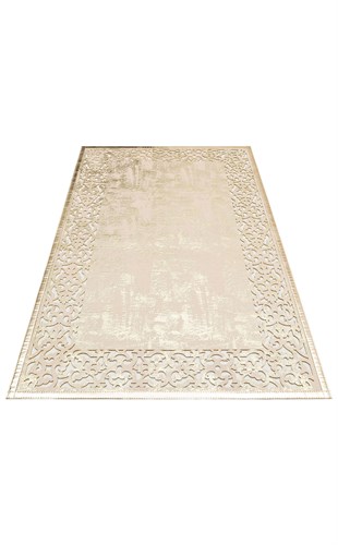 BIANCA BNC 01 CREAM GOLD  Klasik Ve Modern İşleme ve Oymaya Sahip Parlak Bordürlü Suni Deri Halı