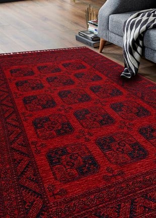 BUHARI BHR 01 RED  Afgan / Yağcıbedir Desenli Hav Toz Vermez Yıkanabilir Kaymaz İnce Dokuma Halı