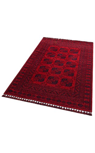 BUHARI BHR 01 RED  Afgan / Yağcıbedir Desenli Hav Toz Vermez Yıkanabilir Kaymaz İnce Dokuma Halı