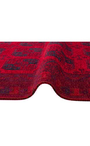 BUHARI BHR 01 RED  Afgan / Yağcıbedir Desenli Hav Toz Vermez Yıkanabilir Kaymaz İnce Dokuma Halı