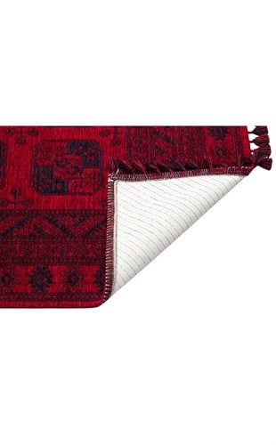 BUHARI BHR 01 RED  Afgan / Yağcıbedir Desenli Hav Toz Vermez Yıkanabilir Kaymaz İnce Dokuma Halı