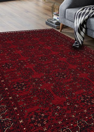 BUHARI BHR 02 RED  Afgan / Yağcıbedir Desenli Hav Toz Vermez Yıkanabilir Kaymaz İnce Dokuma Halı