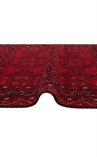 BUHARI BHR 02 RED  Afgan / Yağcıbedir Desenli Hav Toz Vermez Yıkanabilir Kaymaz İnce Dokuma Halı