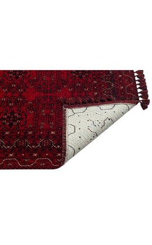 BUHARI BHR 02 RED  Afgan / Yağcıbedir Desenli Hav Toz Vermez Yıkanabilir Kaymaz İnce Dokuma Halı