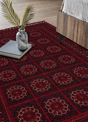 BUHARI BHR 03 RED  Afgan / Yağcıbedir Desenli Hav Toz Vermez Yıkanabilir Kaymaz İnce Dokuma Halı