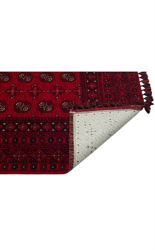 BUHARI BHR 04 RED  Afgan / Yağcıbedir Desenli Hav Toz Vermez Yıkanabilir Kaymaz İnce Dokuma Halı