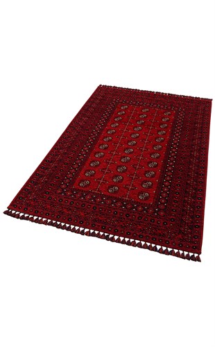 BUHARI BHR 04 RED  Afgan / Yağcıbedir Desenli Hav Toz Vermez Yıkanabilir Kaymaz İnce Dokuma Halı
