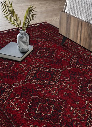 BUHARI BHR 05 RED  Afgan / Yağcıbedir Desenli Hav Toz Vermez Yıkanabilir Kaymaz İnce Dokuma Halı