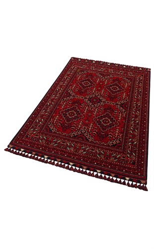 BUHARI BHR 05 RED  Afgan / Yağcıbedir Desenli Hav Toz Vermez Yıkanabilir Kaymaz İnce Dokuma Halı