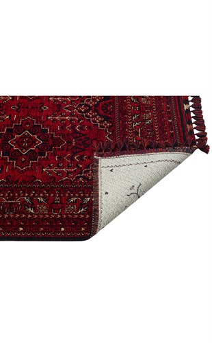 BUHARI BHR 05 RED  Afgan / Yağcıbedir Desenli Hav Toz Vermez Yıkanabilir Kaymaz İnce Dokuma Halı