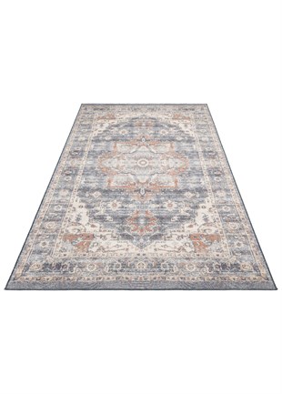 ELISTA VINTAGE ELS 202 NAVY BEIGE  Vintage Tasarımlı Yumuşak Bukle Dokuma Kaymaz Tabanlı Yıkanabilir Modern Halı