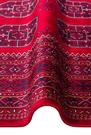 HERAT HER 02 RED  Afgan Desenli Viskon Sıkı Dokuma Kaymaz Tabanlı İnce Makine Halısı