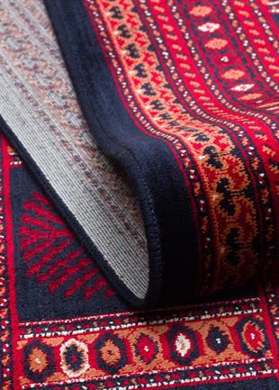 HERAT HER 03 NAVY  Afgan Desenli Viskon Sıkı Dokuma Kaymaz Tabanlı İnce Makine Halısı