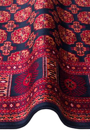 HERAT HER 03 NAVY  Afgan Desenli Viskon Sıkı Dokuma Kaymaz Tabanlı İnce Makine Halısı