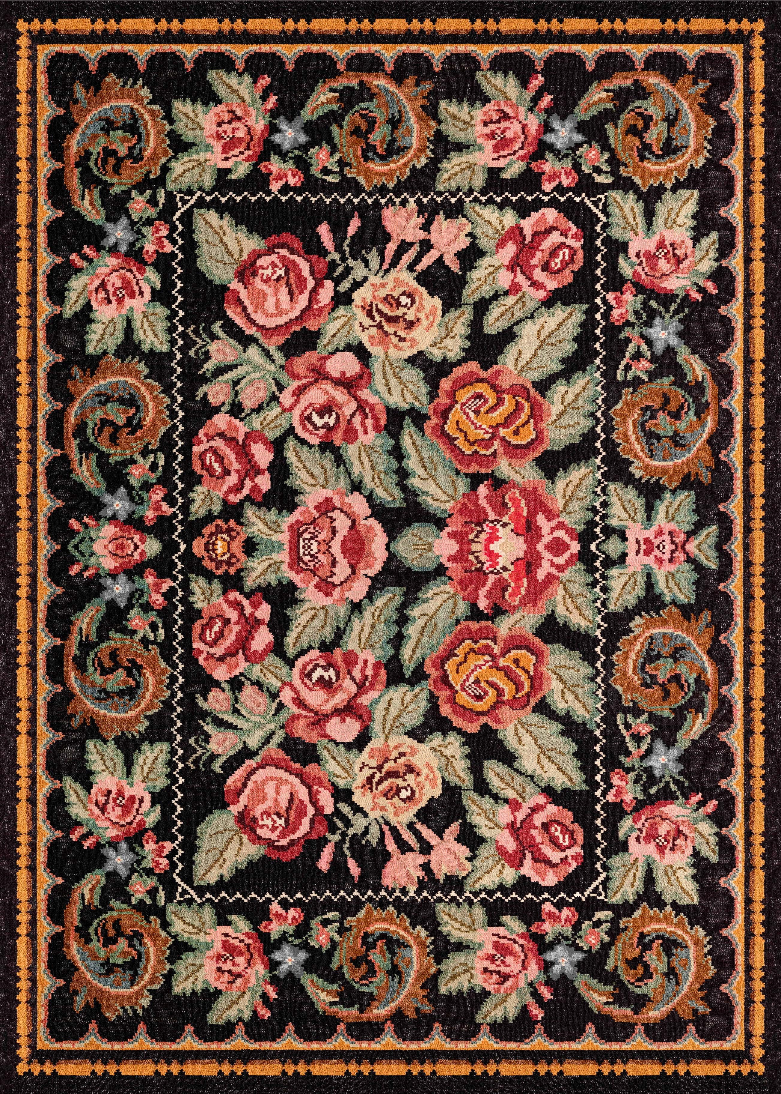 ELISTA VINTAGE ELS 207 BLACK MULTY  Vintage Tasarımlı Yumuşak Bukle Dokuma Kaymaz Tabanlı Yıkanabilir Modern Halı