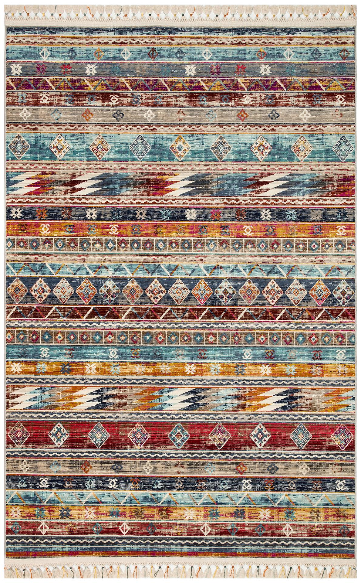 PETRA PR 03 MULTY  Hav Toz Vermez Etnik ve Modern Desenli Renkli Saçaklı Halı