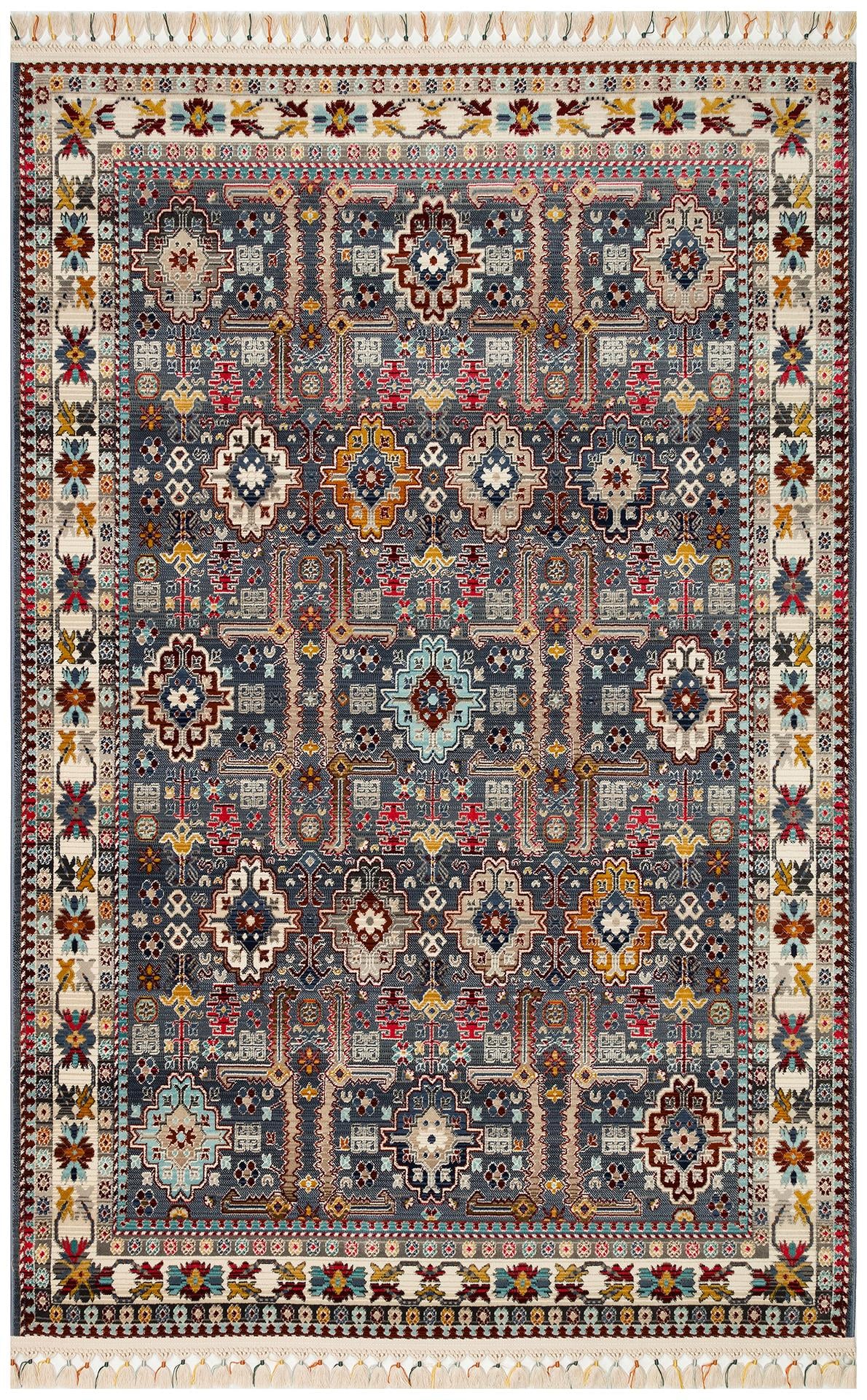 PETRA PR 07 MULTY  Hav Toz Vermez Etnik ve Modern Desenli Renkli Saçaklı Halı