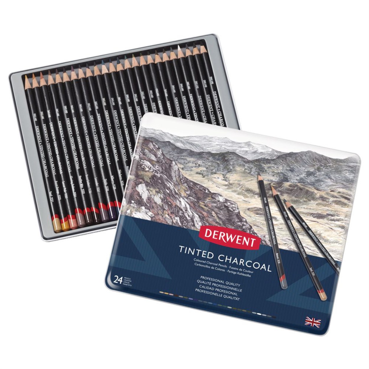 DERWENT TINTED CHARCOAL RENKLİ KÖMÜR KALEMİ SETİ 24'LÜ TENEKE KUTU