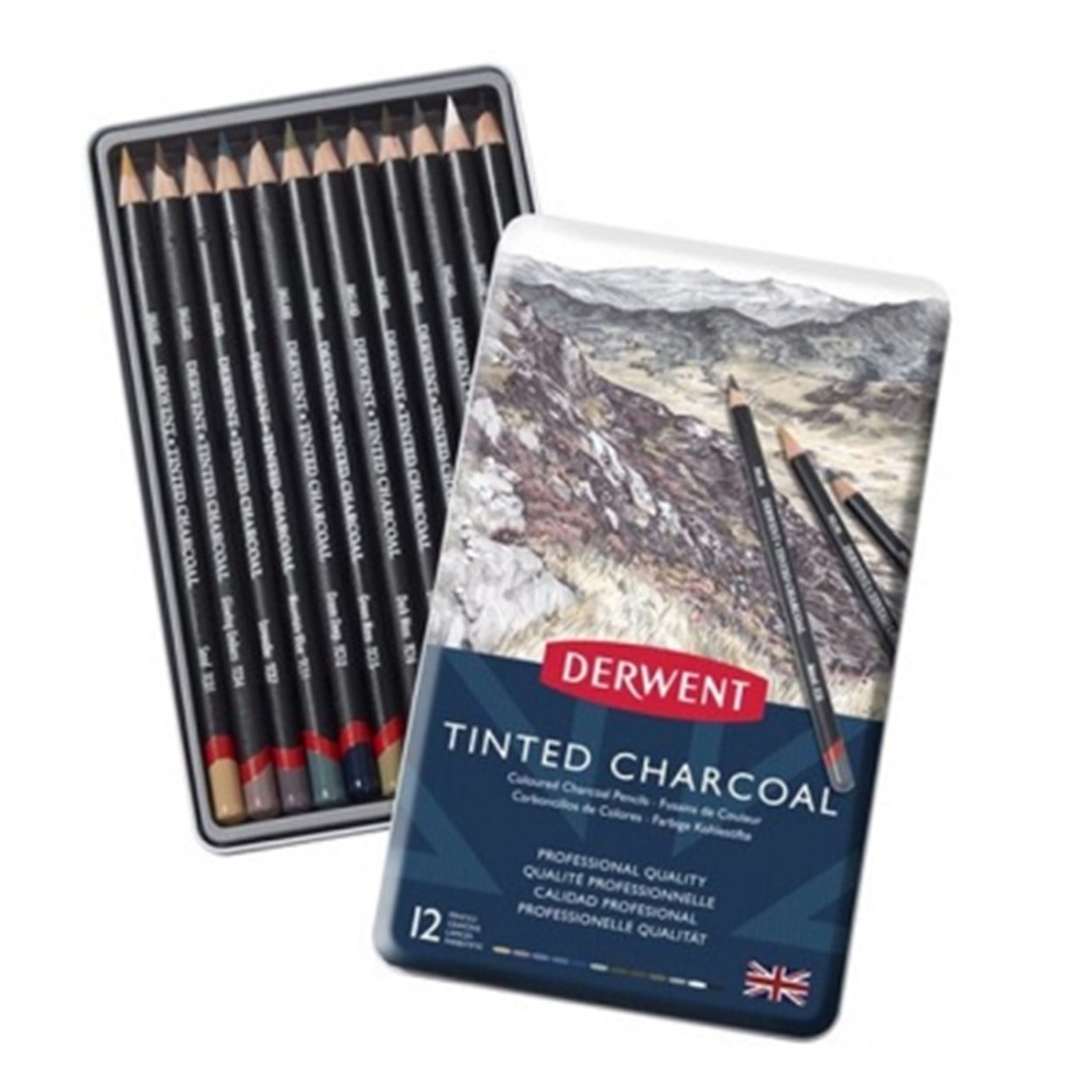 DERWENT TINTED CHARCOAL RENKLİ KÖMÜR KALEMİ SETİ 12'Lİ TENEKE KUTU