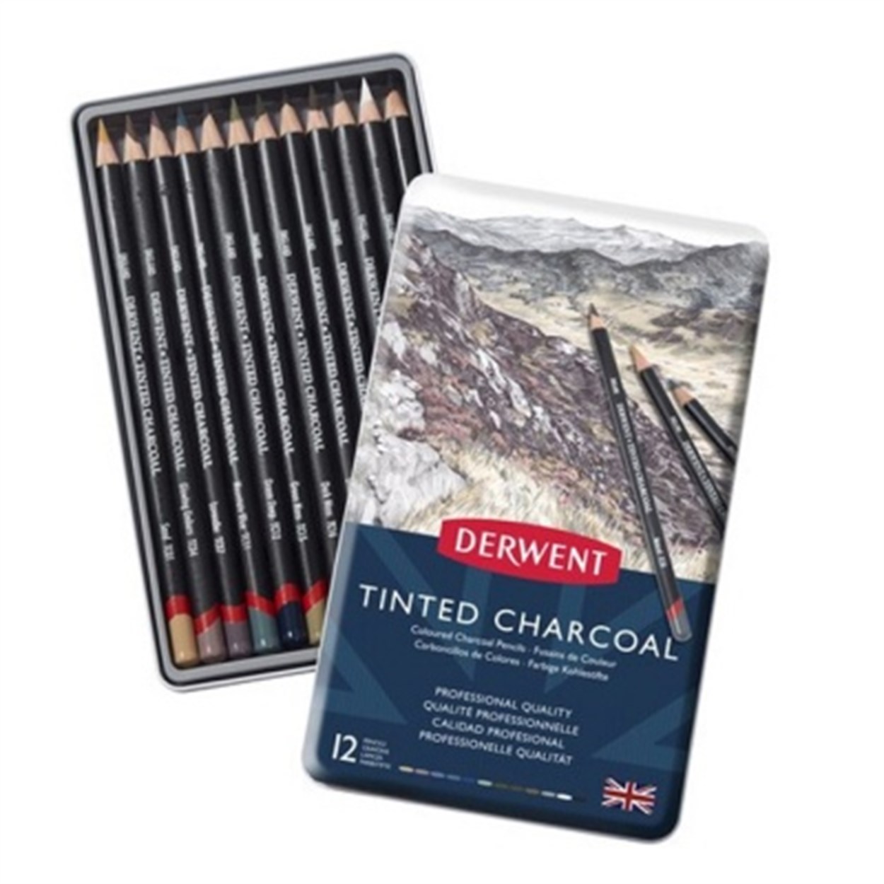 DERWENT TINTED CHARCOAL RENKLİ KÖMÜR KALEMİ SETİ 12'Lİ TENEKE KUTU