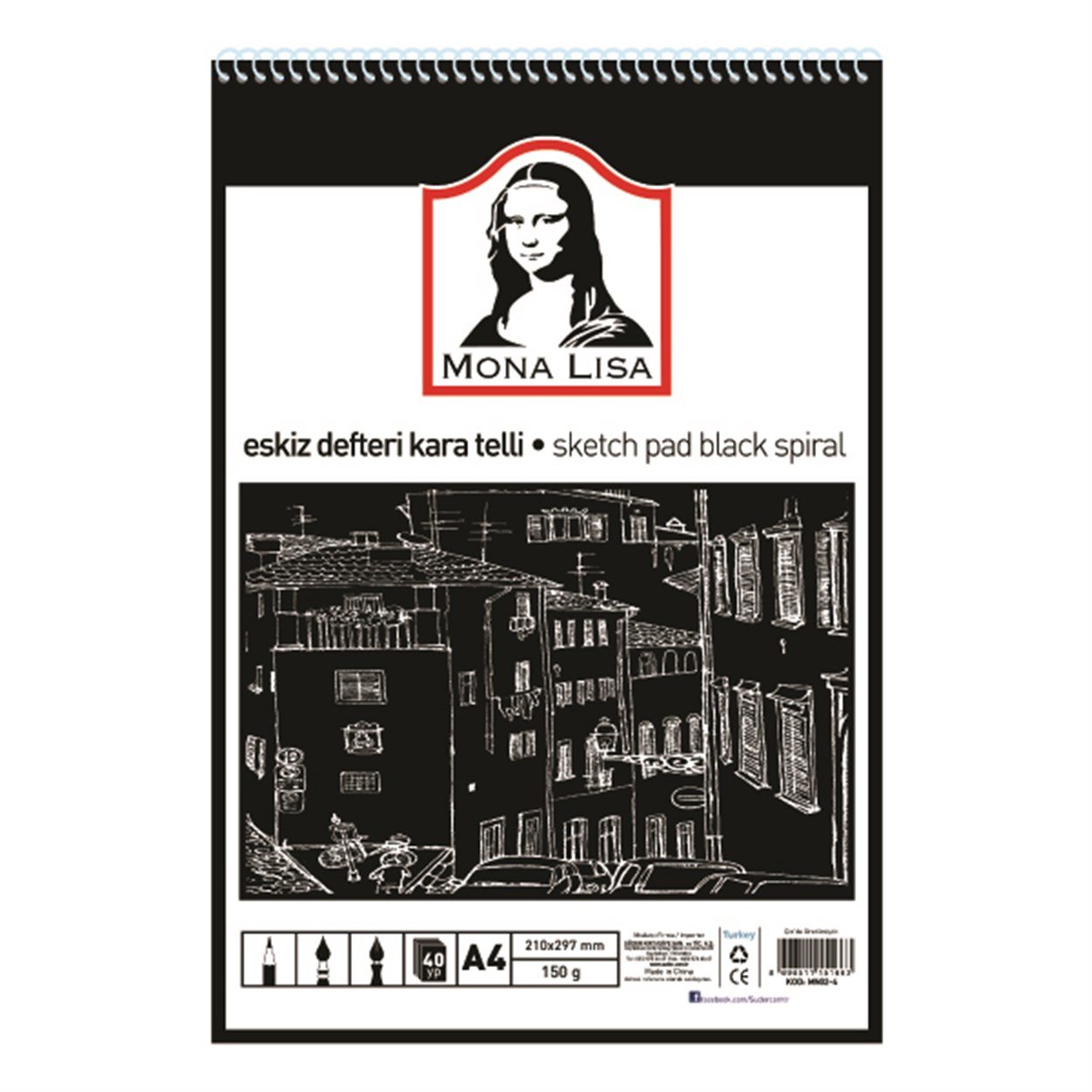 MONA LISA SİYAH ESKİZ DEFTERİ TELLİ A4 150 GR. 40 YAPRAK
