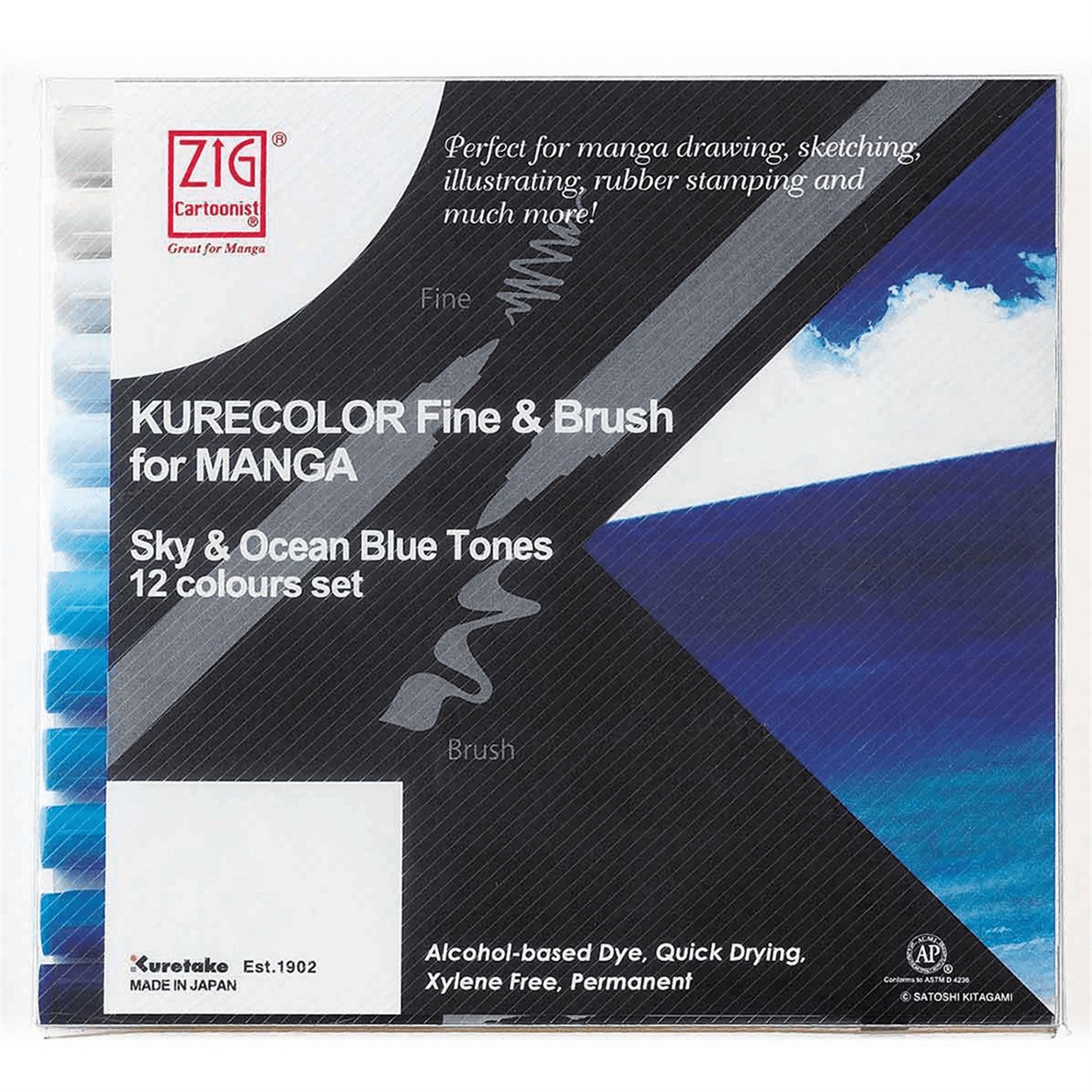 ZIG KURECOLOR CNKC-2200 FİNE & BRUSH FOR MANGA 12 COLOURS SET SKY&OCEAN BLUE TONES
