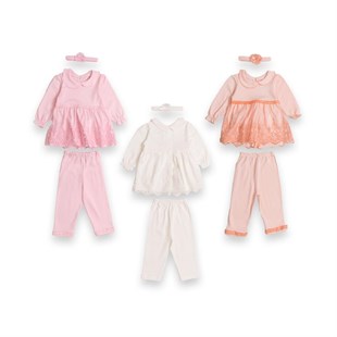 Baby Life Güpürlü Üst, Taytlı Ve Saç Bandlı Kız Bebek Elbise Takım Takım