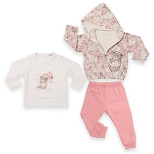 Baby Rose Ayıcık Baskılı Kız 3 'Lü Eşofman (Şardonlu) Takım