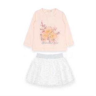 Baby Rose Çiçek Aksesuarlı Uzun Kol T-Shirt ve Pullu Dantel Etekli Kız Takım