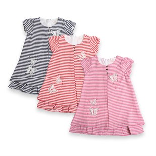 Baby Rose Çizgili Pilikaşeli Ve Dantelden Kelebek İşlemeli Kız Elbise