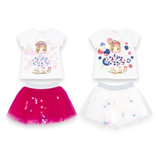 Baby Rose Kız Baskılı Ponponlu Tütü Etekli Kız Takım