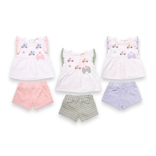 Baby Rose Kuş Nakışlı Üst Ve Çizgi Desenli Şortlu Kız Takım