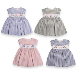 Baby Rose Kuş Nakışlıı Çizgili Kız Elbise