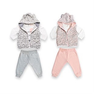 Baby Rose Leopar Desenli Yelekli Kız 3'Lü Takım