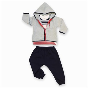 Baby Rose Regran Kollu Biyeli Çizgili T-Shirtlü Üçlü Eşofman Takım