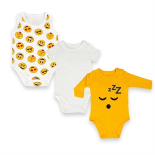 Cool Smart Üç Adet Bebek Çıtçıtlı Body Zzz Baskılı Emoji, Düz Kısa Kısa Kol Body Ve Emojili Atlet Badi