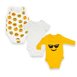 Cool Smart Üç Adet Bebek Çıtçıtlı Body Gözlük Baskılı Emoji, Düz Kısa Kısa Kol Body Ve Emojili Atlet Badi