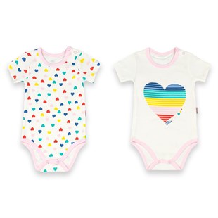 Vipbebe Kız Bebek Body Renkli Kalp Baskılı 2'Li Bebek Body