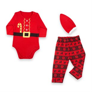 Vipbebe Neol Baba Kemer Baskılı  Çıtçıtlı Body, Yeni Yıl Tema Baskılı Pantolon ile Kırmızı Şapkalı Bebek Seti