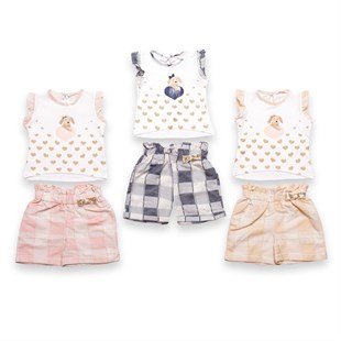 Vipbebe Simli Kalp Baskılı Kısa Kol T-Shirt Ve Ekose Şortlu Kız Takım