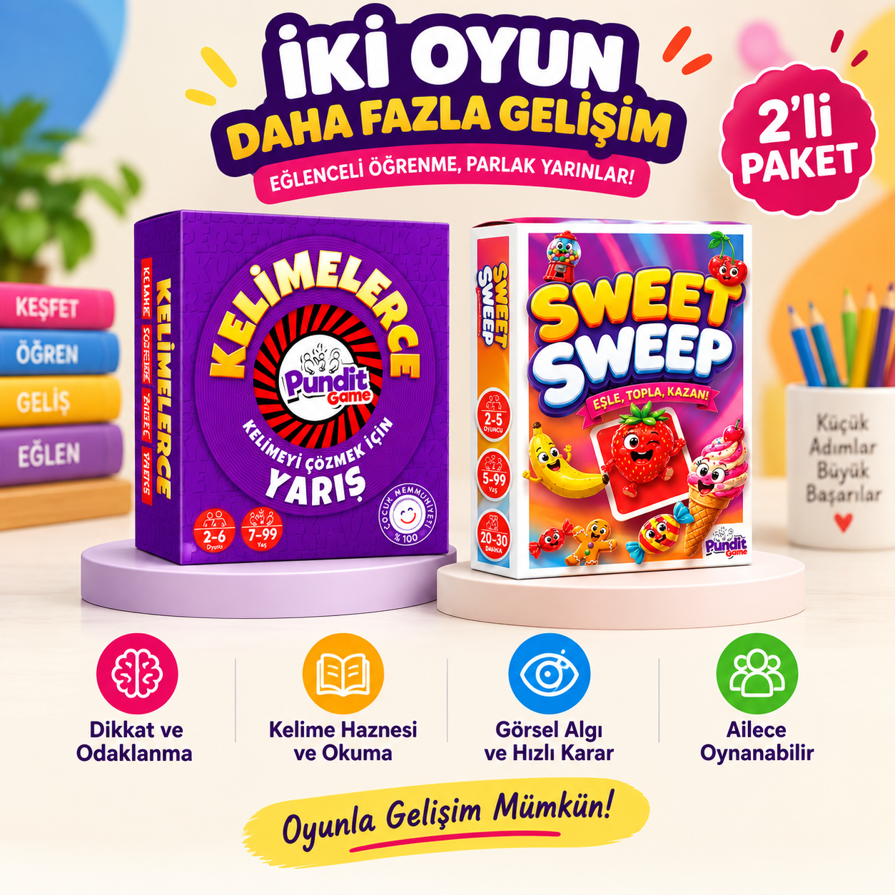 Sweet Sweep & Kelimelerce 2li Eğitim ve Zeka Oyunu Paketi | Dikkat, Odaklanma ve Kelime Gelişimi