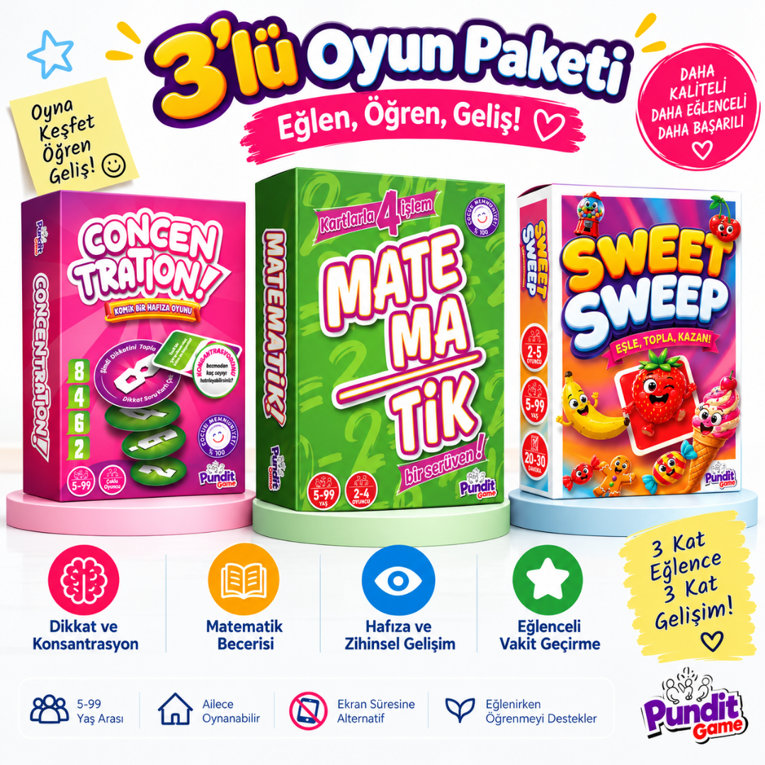 Concentration & Matema/TİK & Sweet Sweep 3'lü Eğitim ve Zeka Oyunu Paketi | Dikkat, Hafıza ve Matematik