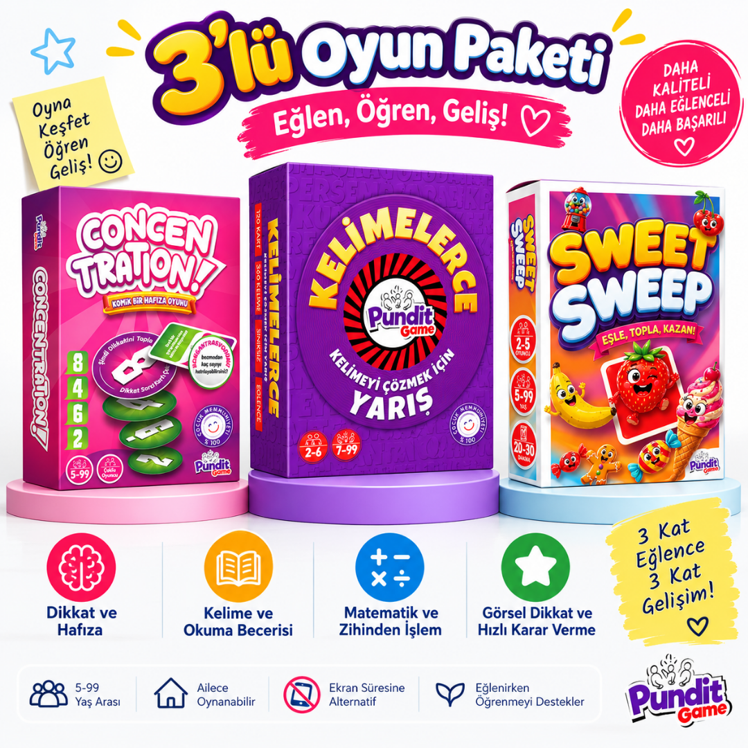 Kelimelerce & Concentration & Sweet Sweep 3'lü Eğitim ve Zeka Oyunu Paketi | Kelime, Dikkat ve Hafıza
