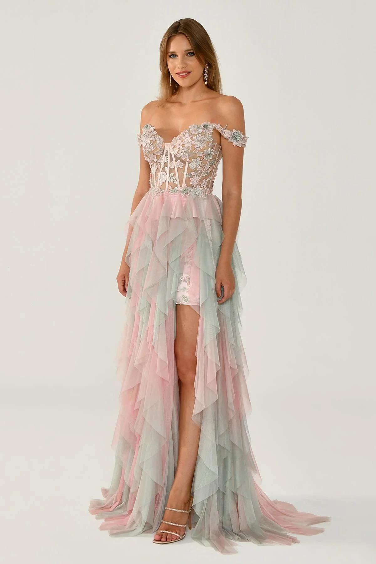 HANZADE ALTAYLIDüşük Omuz Üstü Dantel Eteği Tül Uzun Abiye Elbise