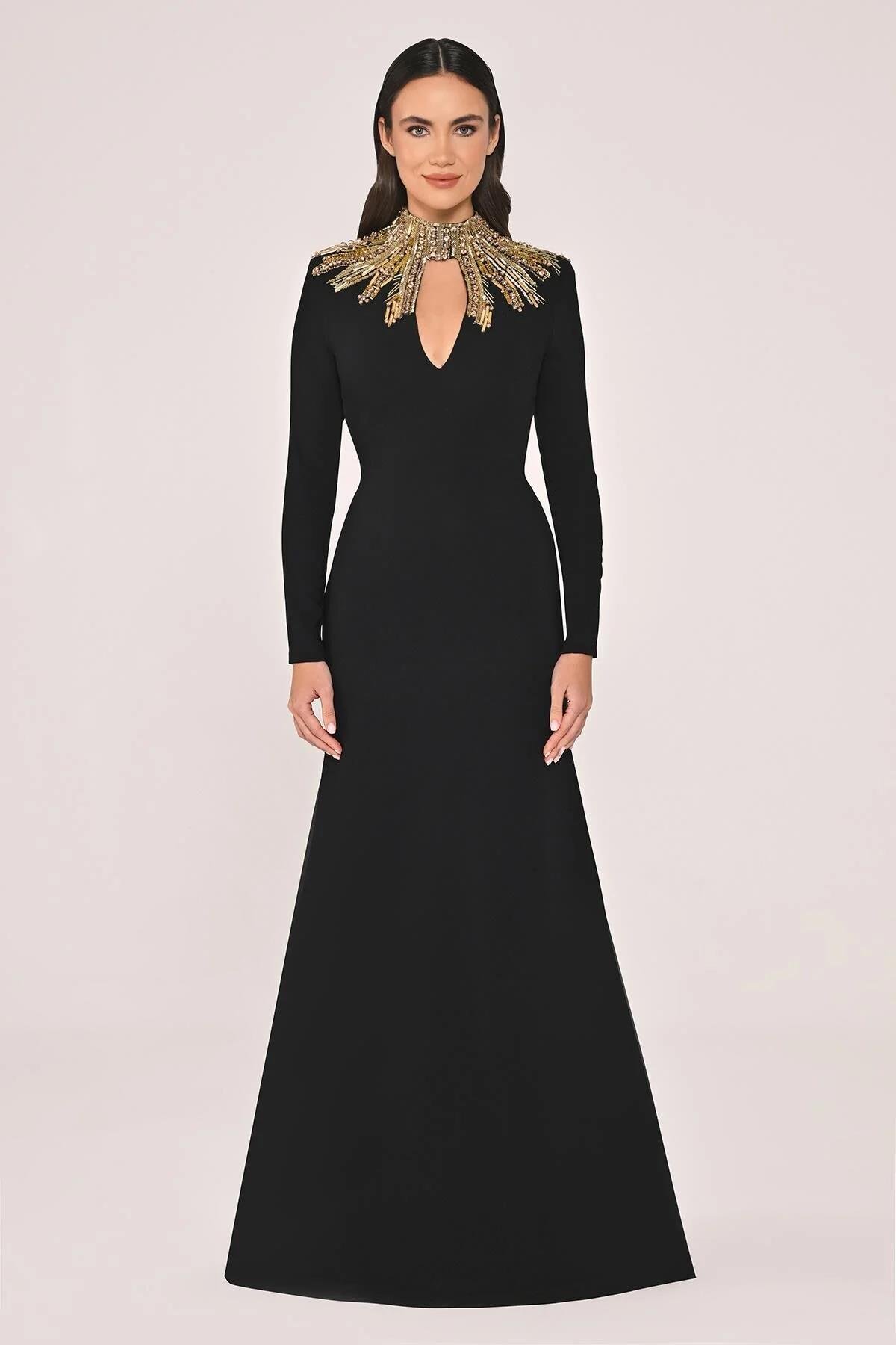 ALFABETAUzun Kollu Üst Aksesarlı Sırt Dekolteli Krep Uzun Elbise