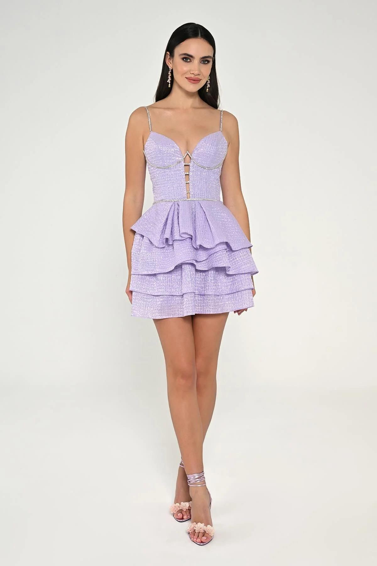 HANZADE ALTAYLIAskılı Şerit Taş Aksesuarlı Jakar Kısa Abiye Elbise