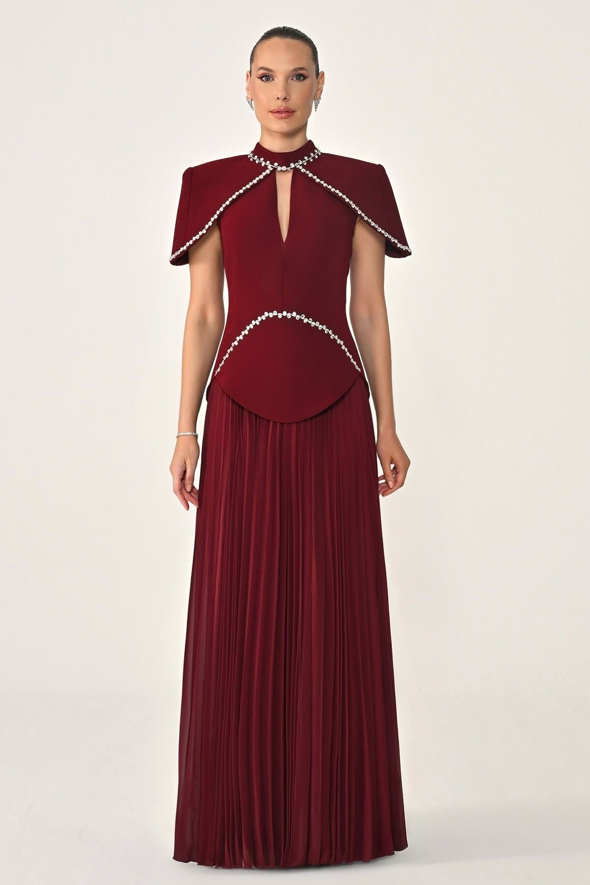 ALFABETAŞerit Taş Aksesuarlı Eteği Piliseli Şifon Uzun Abiye Elbise