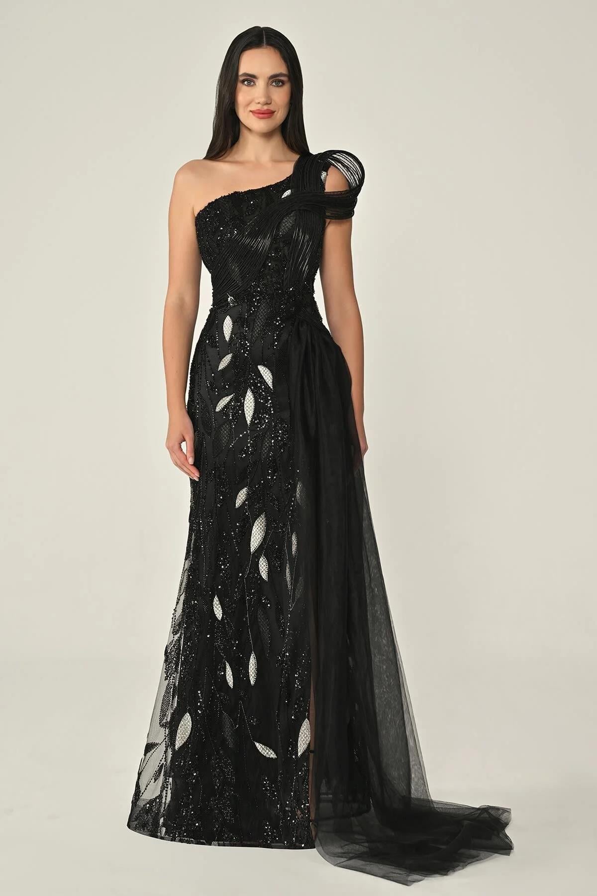 ALFABETATek Omuz Drapeli Tüllü Payet Uzun Elbise