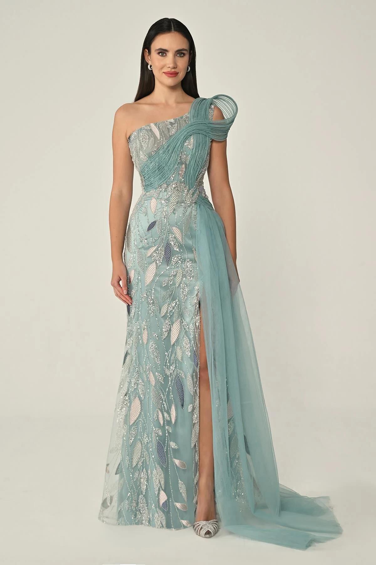 ALFABETATek Omuz Drapeli Tüllü Payet Uzun Elbise