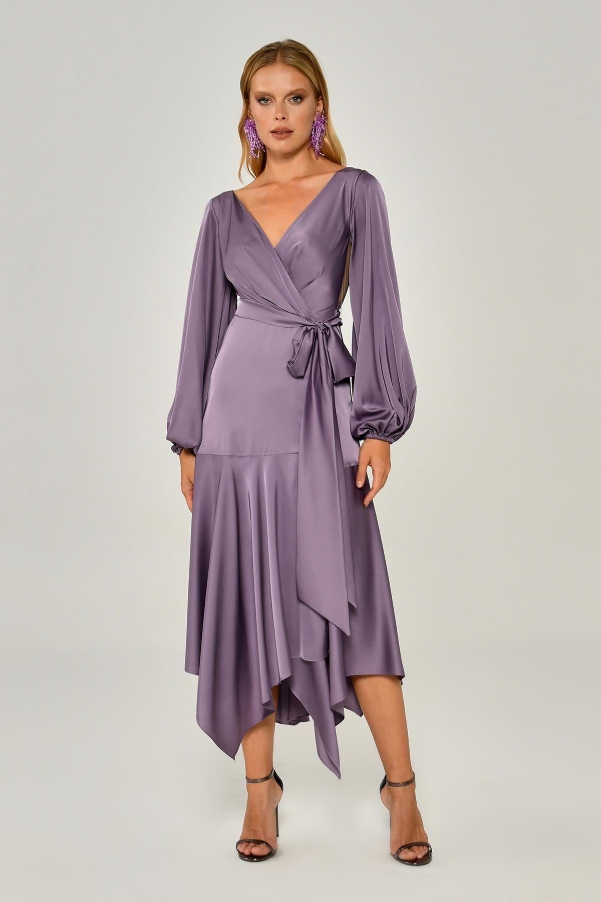 HANZADE ALTAYLIUzun Kol V Yaka Midi Elbise